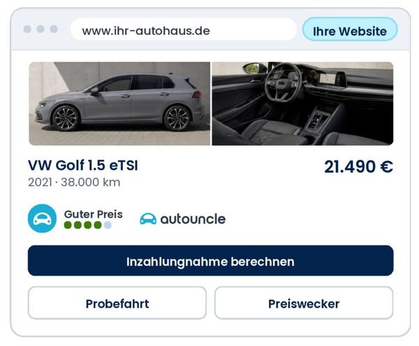 Fahrzeugseite auf Ihrer Händler-Website mit AutoUncle-Preisbewertung, Inzahlungnahme, Probefahrt und Preiswecker